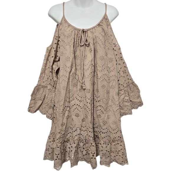 Venus Beige Eyelet Bell Sleeve Dress Size 20 Cold Shoulder Resort Travel Lace - Picture 1 of 7